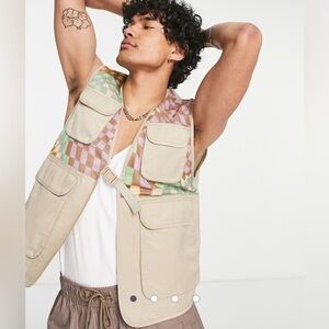 ASOS DESIGN utility vest with pockets checkerboard print stone matching shorts S
